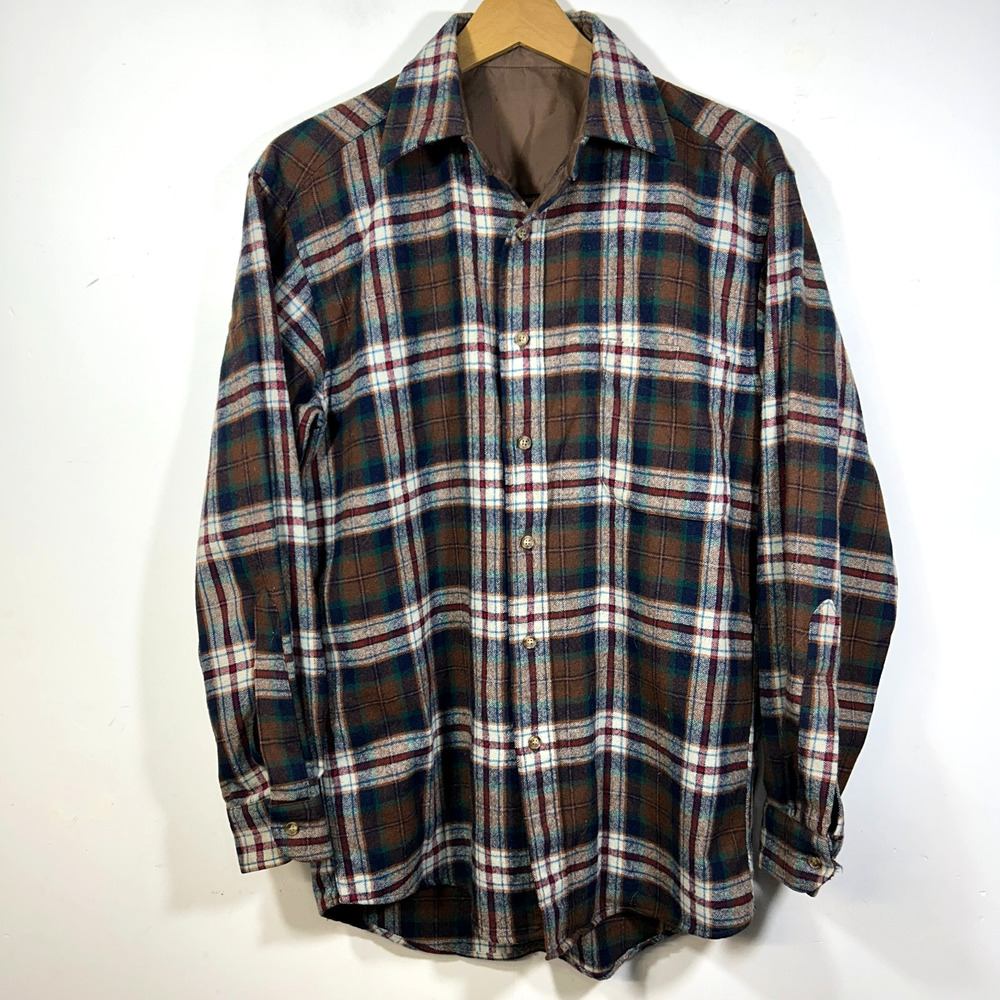 VTG Pendleton Mens Small Brown Plaid Button Shirt 60’s 100% Wool Pocket EUC